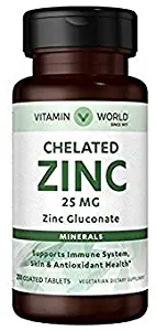 Vitamin World Zinc Chelated 25mg zin gluconate , minerals 250 coated tablets