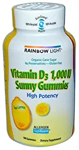 Pack of 1 x Rainbow Light Vitamin D Sunny Gummies Sour Lemon - 1000 IU - 100 Gummies by Rainbow Light