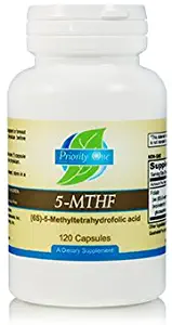 Priority One Vitamins 5-MTHF 1mg Folate Supplement Bioavailable Active Form Vitamin B9 120 Vegetarian Capsules [6]-5-Methyltetrahydrofolate Methylation