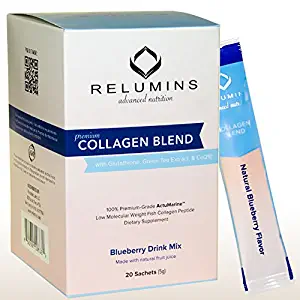 Relumins Premium Collagen Blend Powder Drink Mix - 20 Sachets - 100% Premium-Grade ActuMarine Collagen with Glutathione, Green Tea Extract and CoQ10 (Blueberry)