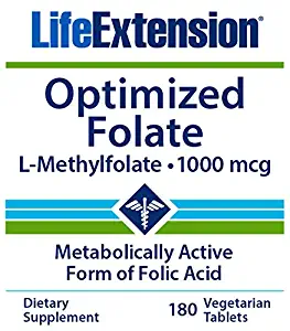 Life Extension Optimized Folate, 180 Veg Tablets, L-Methylfolate 5-MTHF 1000 mcg / 1 mg