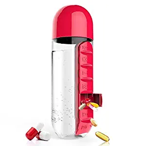 Asobu Combine Daily Pill Box Organizer with Water Bottle, 20 oz, Black (Red)