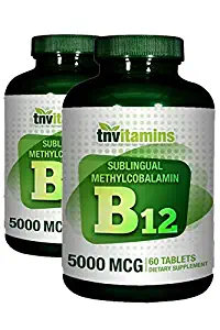 Sublingual Vitamin B-12 Methylcobalamin 5000 Mcg by TNVitamins -2X 60 Lozenges Sublingual