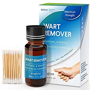 Evagloss Wart Remover Liquid - Maximum Strength- Painlessly Removes Common and Plantar Warts- BONUS Cotton Swabs