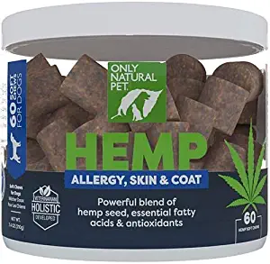 Only Natural Pet Allergy, Skin & Coat Hemp Soft Chews - with Omega 3 Fish Oil EPA/DHA Essential Fatty Acids, Bromelain, Quercetin & Mushroom Extract - Immune Supplement for Dogs, 60 Count