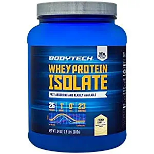 BodyTech Whey Protein Isolate Powder with 25 Grams of Protein per Serving BCAA's Ideal for PostWorkout Muscle Building Growth, Contains Milk Soy Vanilla (1.5 Pound)