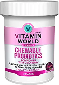 Vitamin World Platinum Chewable Probiotics with Cranberry for Women 30 Tablets, 10 Billion Probiotics, Supports Urinary and Bladder Health