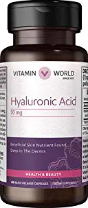 Vitamin World Hyaluronic Acid 50 mg. 60 Capsules, Supports Healthy Skin, Rapid-Release, Gluten Free