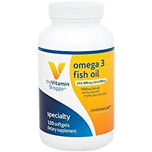 The Vitamin Shoppe Omega 3 Fish Oil 1000mg, EPA 300mg DHA 200mg, Purity Assured, Molecularly Distilled to Support Cardiovascular, Joint and Brain Health (120 Softgels)