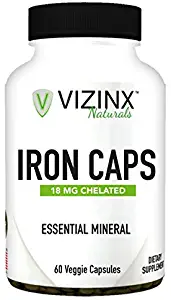 VIZINX IRON CAPS 18 mg 60 Veggie Caps- Choice form of organic chelated iron (Ferrous Fumarate) tends to cause fewer symptoms of intestinal upset and is considered to be a non constipating form of iron
