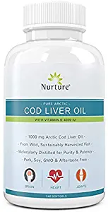 Pure Arctic Cod Liver Oil with Vitamin D 4000 IU | 1000 mg Cod Liver Oil – Promotes Brain, Joint & Cardiovascular Health – 180 Liquid Softgel Capsules