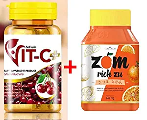 Set VIT C Plus Acerola Cherry, Rosehip (30 Capsules) + Colla Rich Zom Rich Zu Whitening Anti Oxidant and Wrinkle Vitamin C 1500mg(30 Capsules)