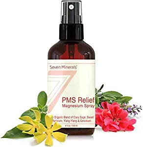 PMS Magnesium Relief Spray - Natural Menstrual Cramp Relief And PMS Support With Ionic Magnesium Chloride And USDA Organic Essential Oils (Clary Sage, Sweet Marjoram, Ylang Ylang, Geranium) 4 oz