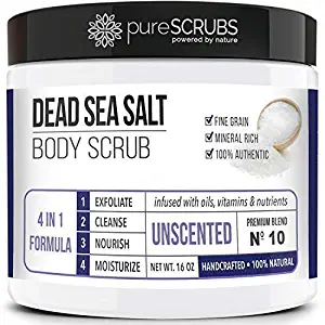 Premium Organic Body Scrub Set - Large 16oz UNSCENTED BODY SCRUB - Pure Dead Sea Salt Infused with Organic Essential Oils & Nutrients + FREE Wooden Spoon, Loofah & Organic Exfoliating Bar Soap