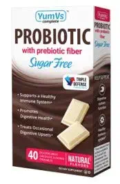 YUM-V's Probiotic w/ Prebiotic Fiber, White Chocolate Flavor (40 Ct); Chewables for Men and Women, Sugar Free, Digestive Health Daily Dietary Supplement, Vegan, Kosher, Halal, Gluten Free