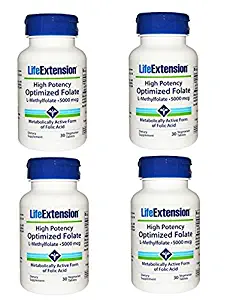 Life Extension High Potency Optimized Folate L-Methylfolate 5000 mcg 30 vegetarian tablets - 4-Pak