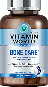 Vitamin World Platinum Bone Care* with Calcium Magnesium Vitamins D3 & K2, 120 Tablets, Promotes Bone Health, May Reduce The Risk of Osteoporosis**, Vegetarian, Gluten Free, Made in The USA