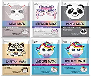 Epielle Character Masks (Assorted-6pk) 1-Llama, 1-Mermaid, 1-Panda, 1-Cheetah, 2-Unicorn