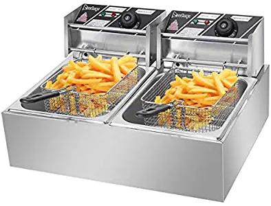 ZOKOP EH82 Double Deep Fryer Thickened Cylinder Electric Deep Fryer 2 Baskets, Stainless Steel Chicken Chips Fryer for French Fries Home Kitchen Restaurant Countertop Food Cooking, 12.7QT/12L 5000W MAX Silver