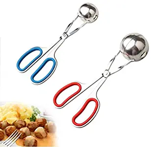 Color Scissor 2 Pcs Meat Baller, Stainless Steel Cake Pop Ice Tongs Meatball Maker with Rubber Grips