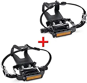SEQI Bike Pedals with Clips and Straps for Outdoor Cycling and Indoor Stationary Bike 9/16-Inch Spindle Resin/Alloy Bicycle Multi-Purpose Pedals