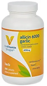 The Vitamin Shoppe Allicin 6000mcg Garlic, 650mg, Enteric Coated Tablets for Easy Swallowing, Promotes Healthy Cholesterol and Overall Hearth Health, Take Once Daily (300 Tablets)