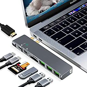 Wassteel 8in1 MacBook Adapter USB C Hub Dock Dongle Multi-Port Thunderbolt 3 hub,3 USB 3.0 Ports,4K HDMI Port, SD/TF Card Reader, MacBook Pro 2019/2018/2017 13 15 inch,MacBook Air2019 2018 13 inc