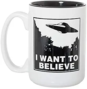 I Want To Believe UFO Mug - UFOs Aliens Extraterrestrials Space Mug - 15 oz Deluxe Double-Sided Coffee Tea Mug (White/Black Inlay)